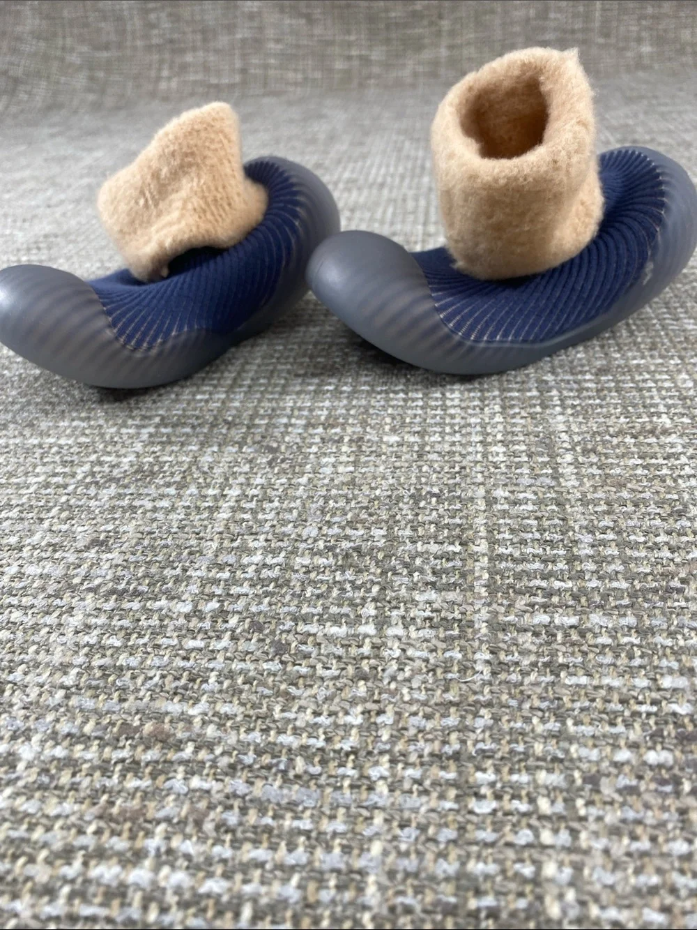 Baby Walker Slip-On Shoes with Navy Knit and Tan Fleece Cuff